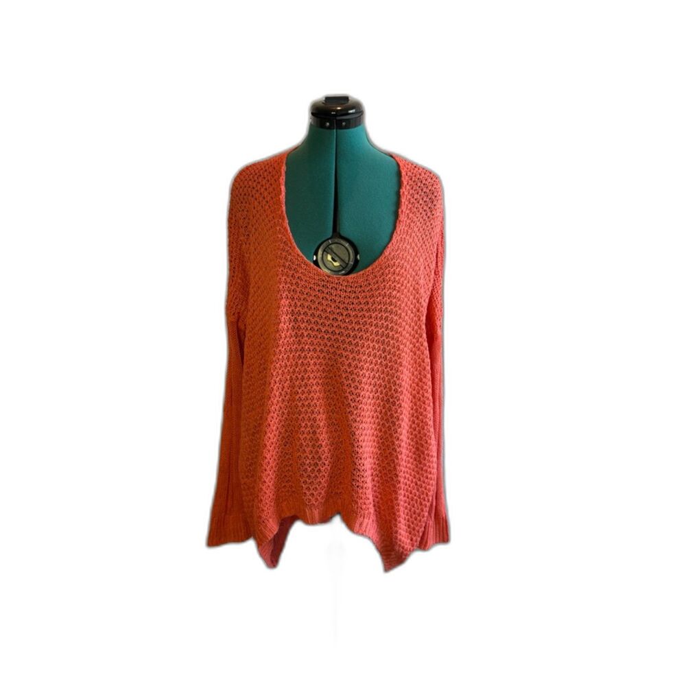 Lush Clothing open-knit sweater styled in a coral-orange shade. Size Large